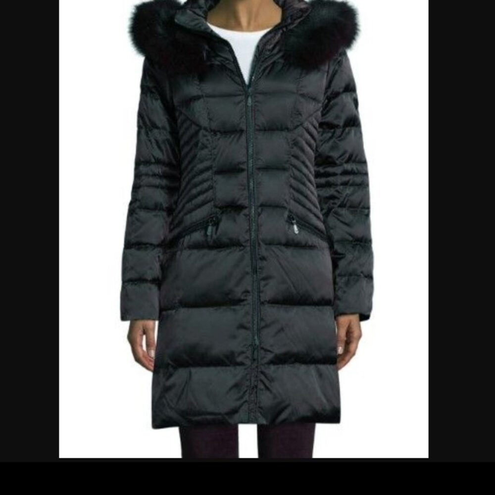 1 Madison Down Puffer Coat Jacket with Fox Fur Hood Size M Medium Color Black